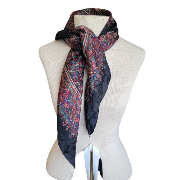 Vintage Ralph Lauren Silk Scarf 34 x 34 Square Jacquard Floral Paisley Black Red - Picture 3 of 7